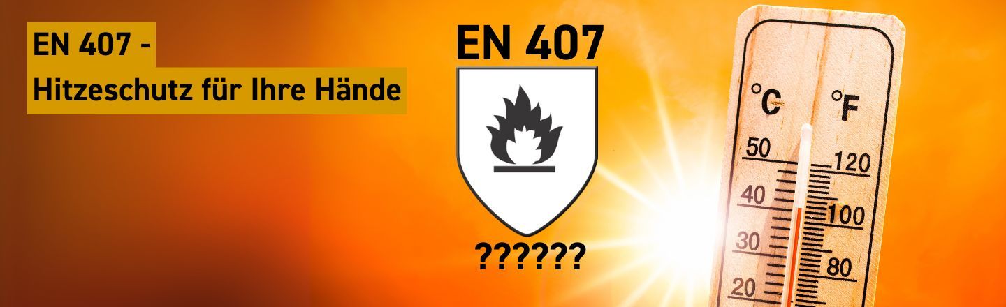 Banner für die EN 407 - Orangfarbende Hintergrund mit einem Thermometer, das eine hohe Temperatur anzeigt und die Sonne im Hintergrund.