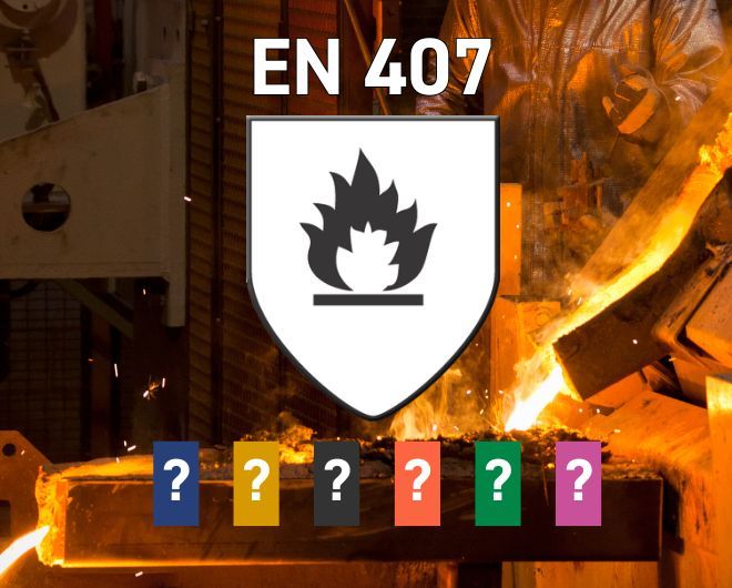 EN 407 als Piktogram mit 6 unterschiedlich farbigen Fragezeichen, die die jeweiligen Prüfungsergebnis darstellen sollen. Im Hintergrung sieht man eine Gießerei, in der gerade glüssiges Metall abgegossen wird.