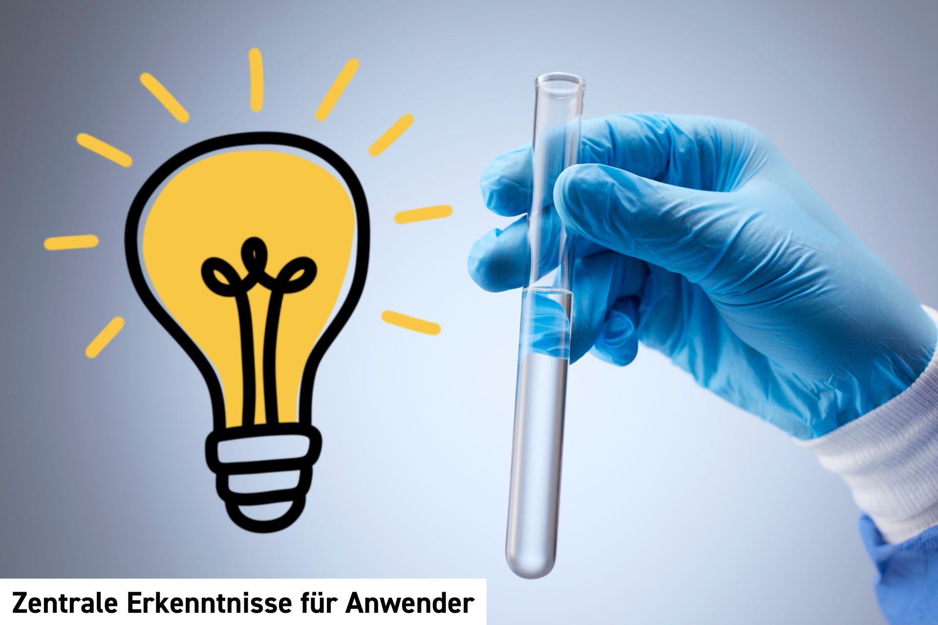 Chemikalienhandschuh hält chemische Substanz, daneben ein visuelle Darstellung einer Glühbirne als Symbol für 'Erkenntnisse'