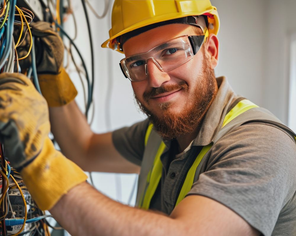 Arbeiter der an Elektrik arbeitet mit voller PSA Ausrüstung und in eine Kamera grinst
